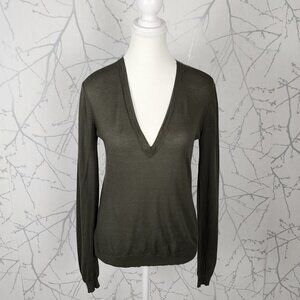 Theory Olive Green Silk Cashmere Blend Knit Yulia V-Neck Sweater